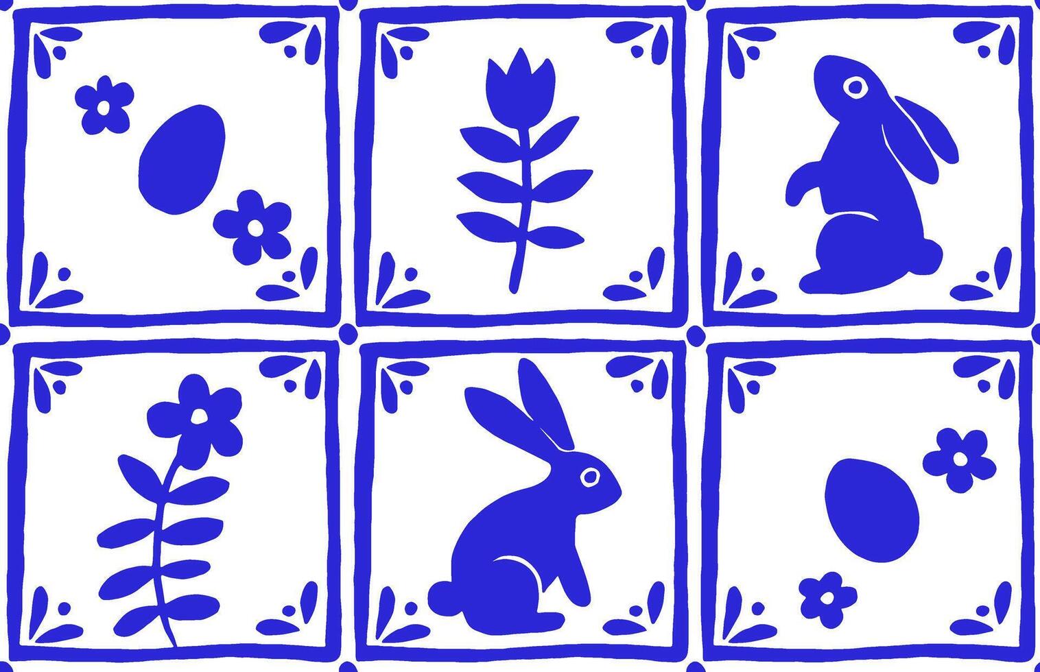 Easter seamless pattern in vintage style. Tiles with blue Easter bunnies and flowers. vector