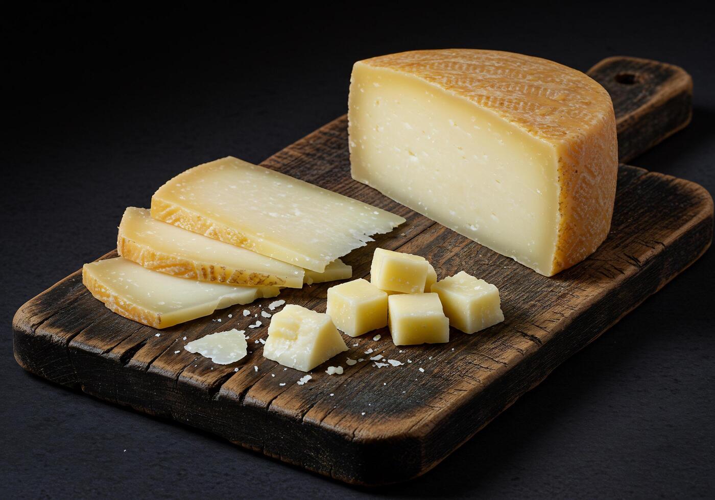 Aged Cheese Slices Rustic Wooden Board photo