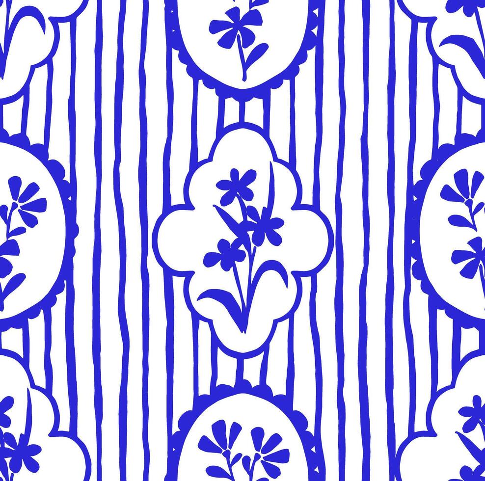 Classic pattern with blue frames, stripes and flowers. Print for wallpaper and textile vector