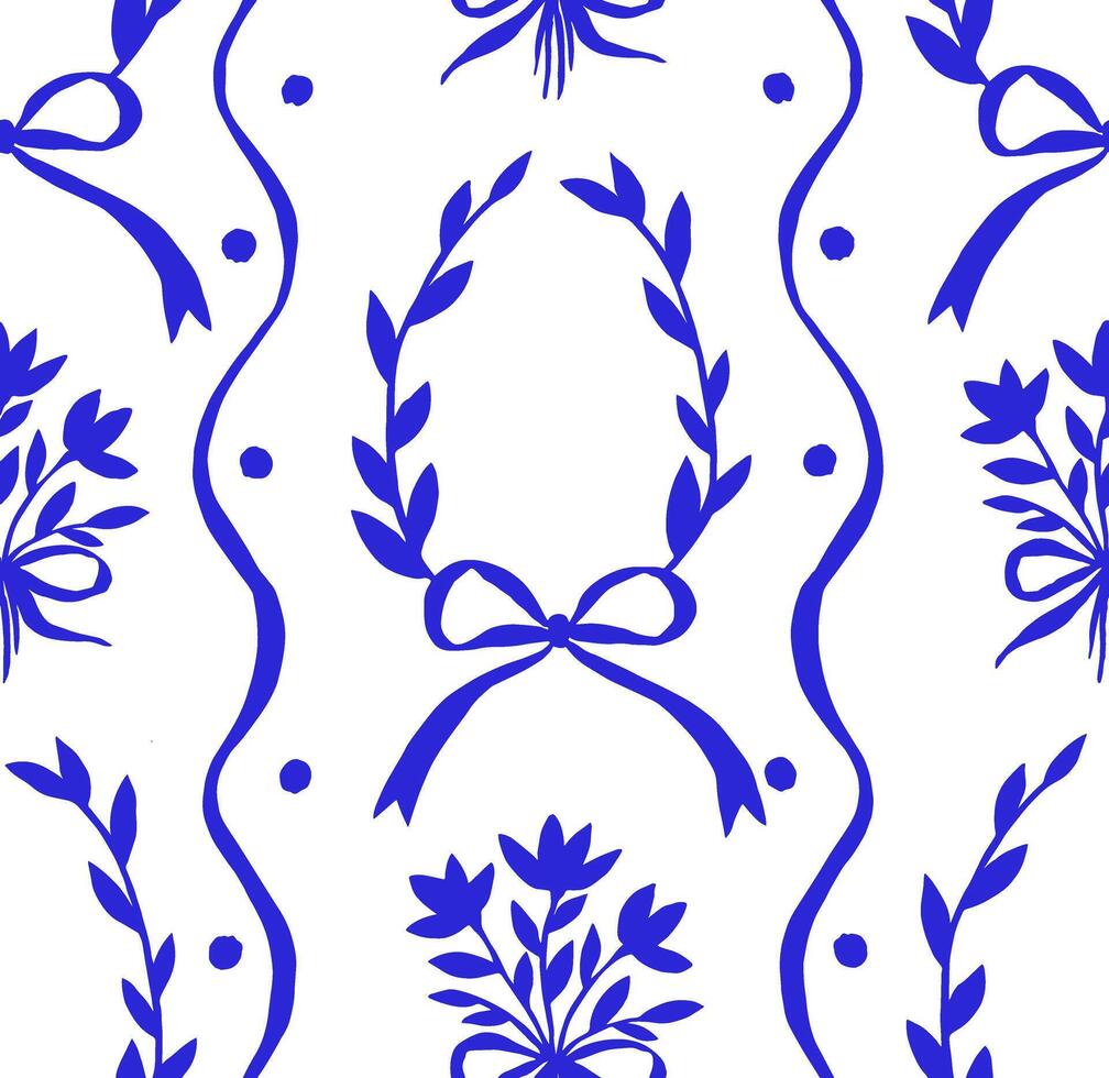 Seamless Easter pattern. Blue eggs, bows and ribbons. Vintage style vector