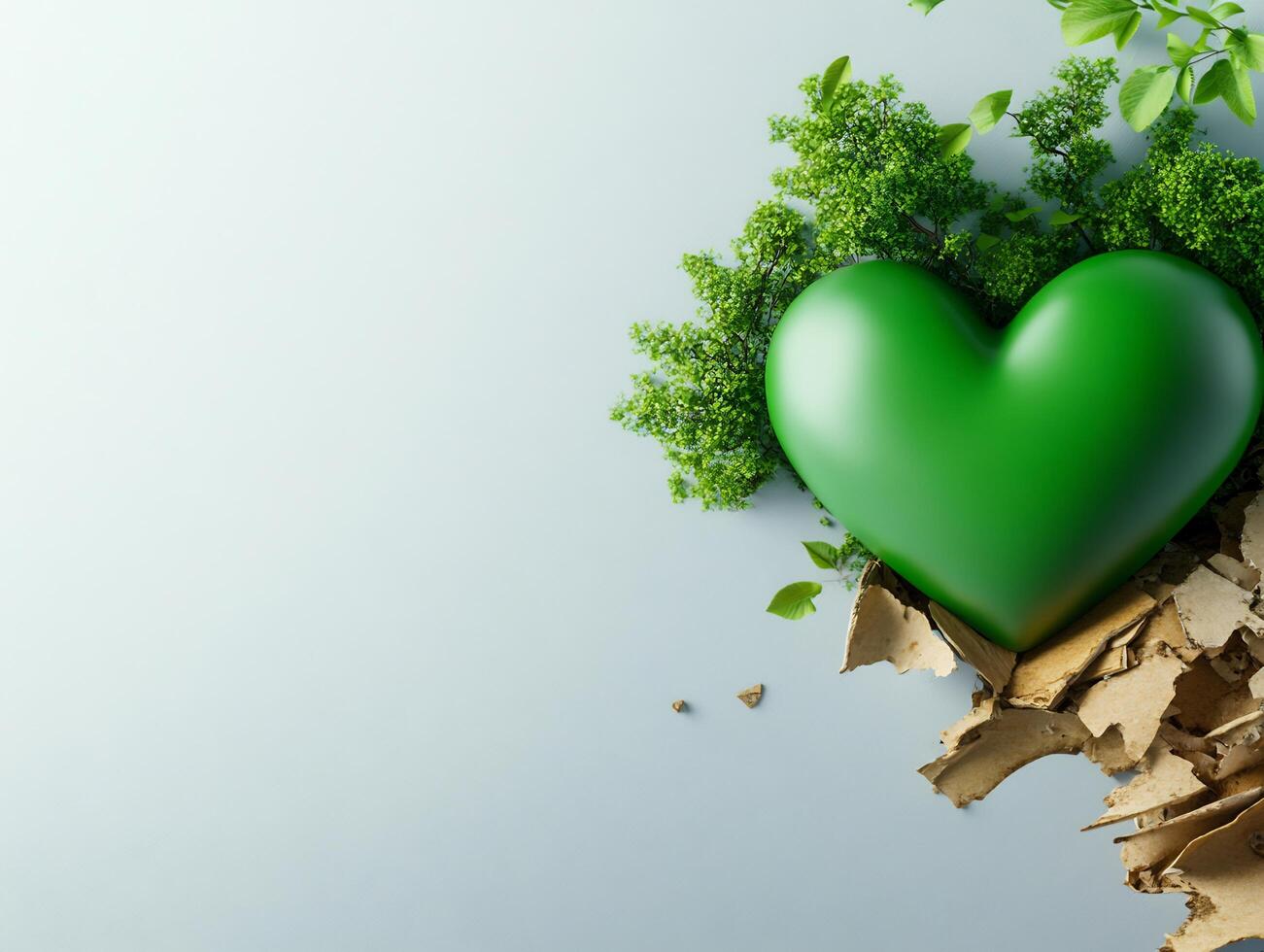 Green heart gently emerges from recycled paper soft light photo