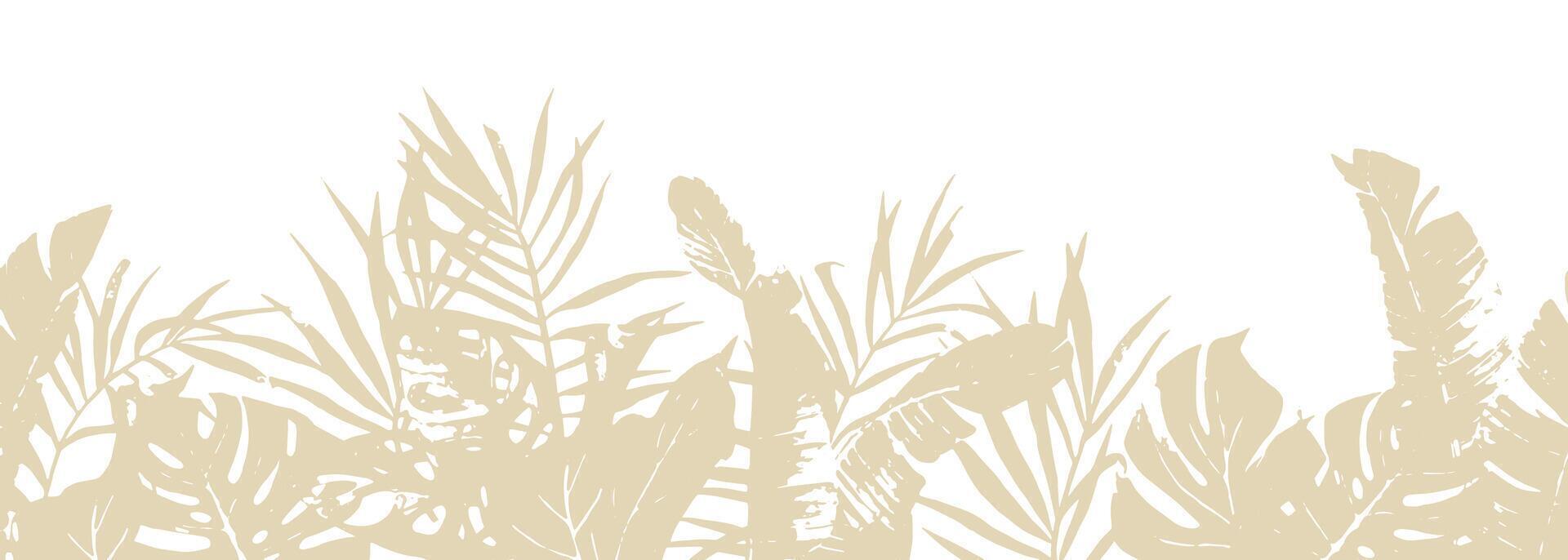 Seamless border with beige tropical leaves. palm leaves, monstera, banana leaves isolated on white background. pattern, print, web banner vector