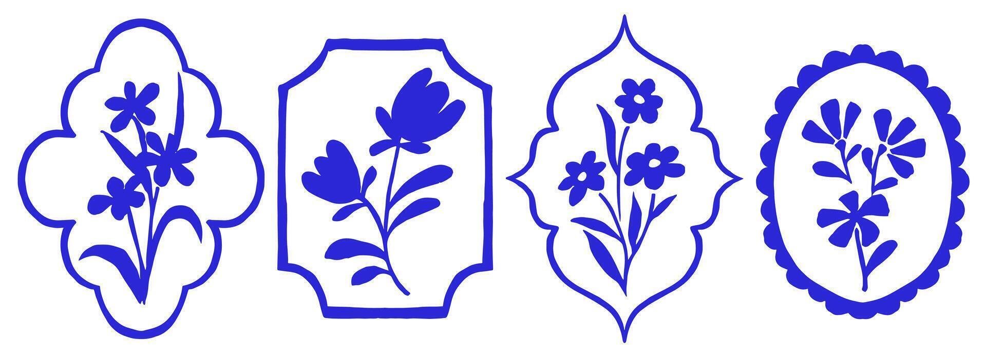Set of blue frames with swirls and flowers, elegant illustration. vector