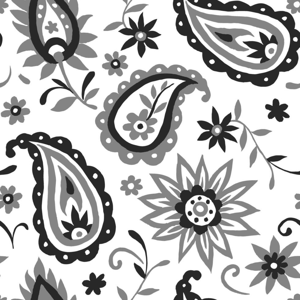 seamless black and white oriental paisley pattern vector