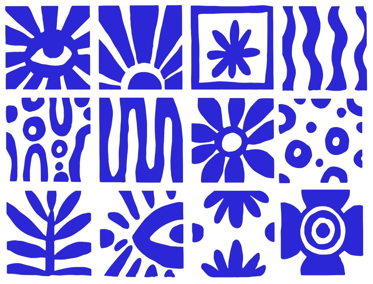 illustration, set of tiles with abstract blue modern ornaments, eyes and flowers. vector