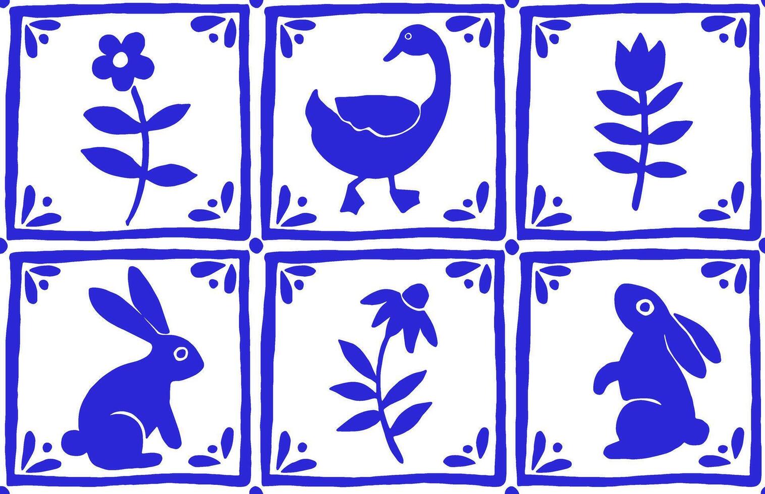 Seamless tile pattern with blue flowers and animals. Vintage style. vector