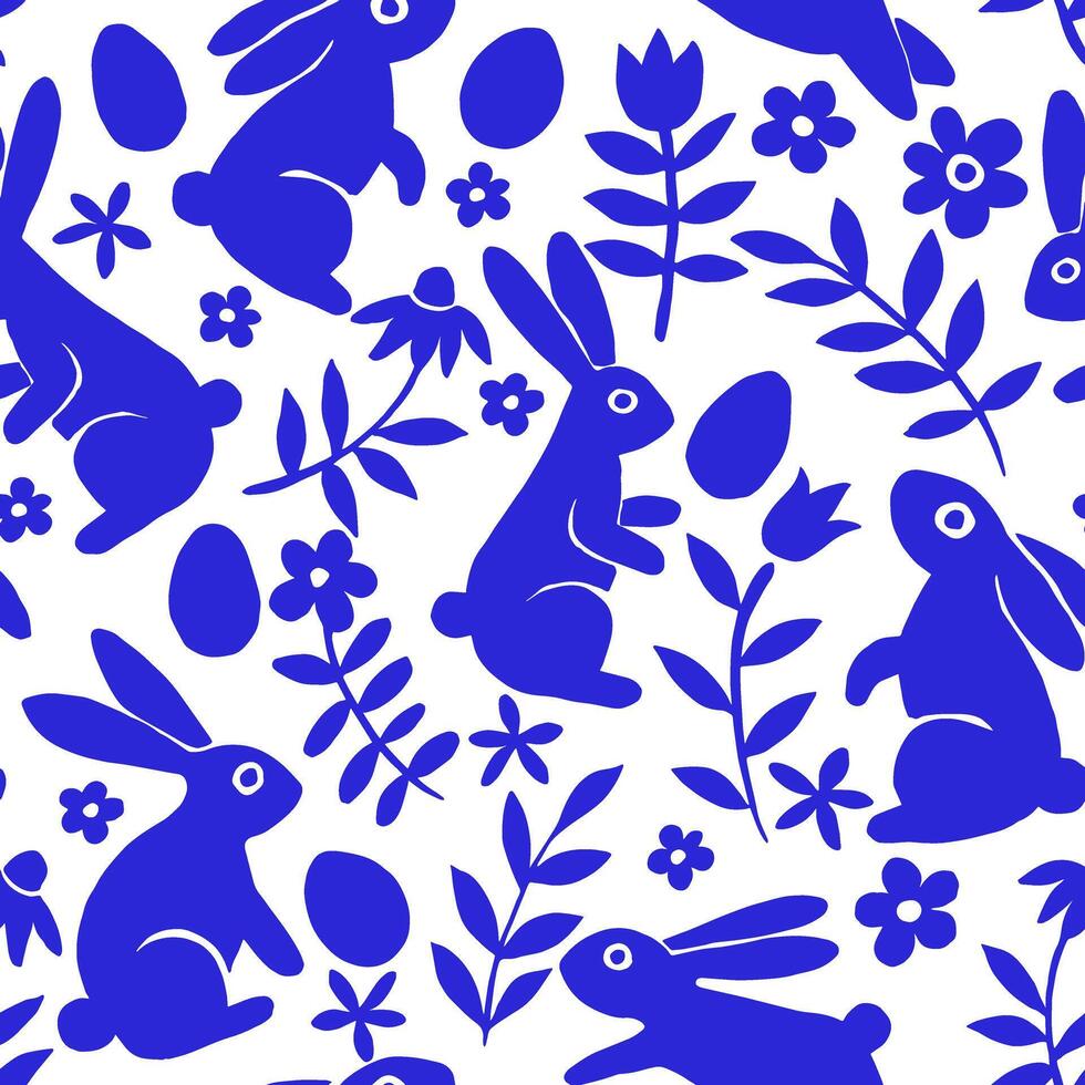 easter seamless pattern with abstract blue easter bunnies and flowers vector