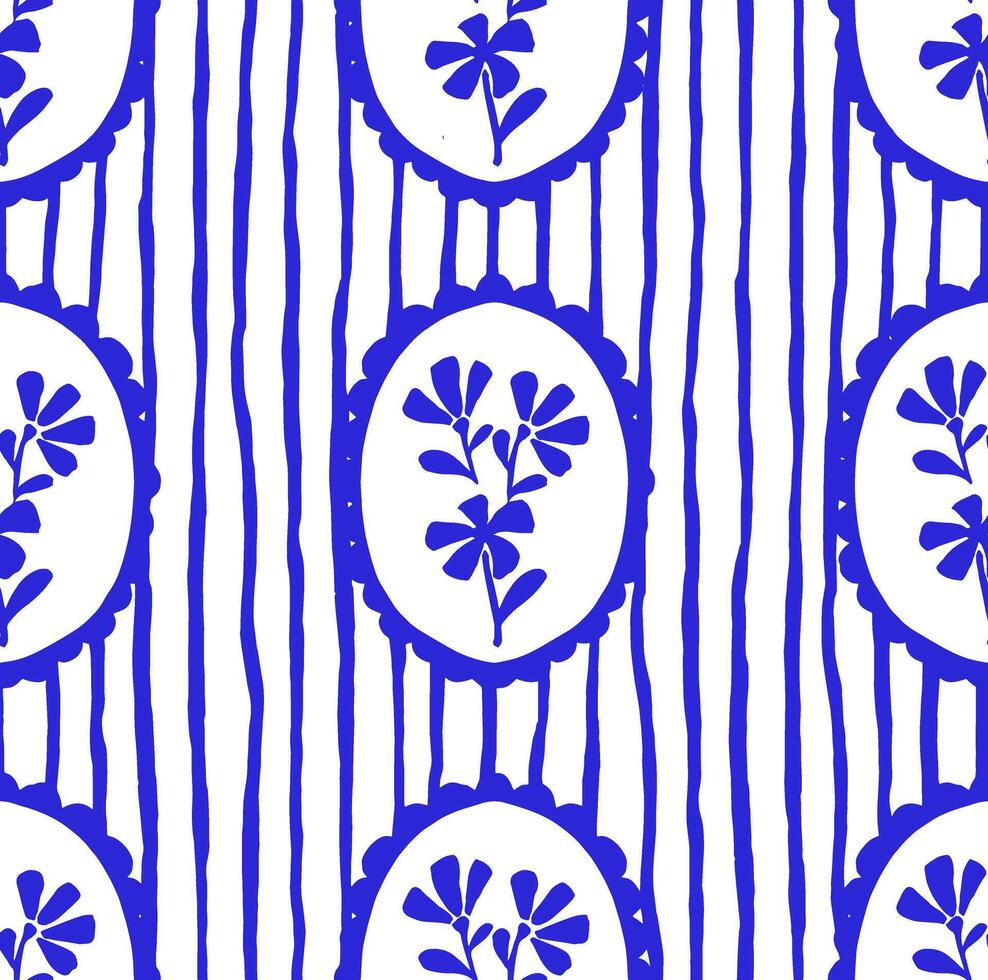 Classic pattern with blue frames, stripes and flowers. Cute print for wallpaper and textile vector