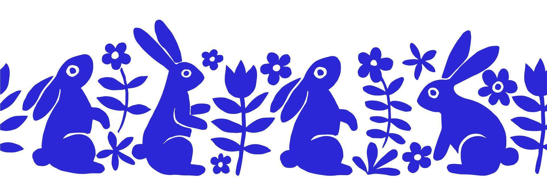 Easter seamless frame in vintage style with blue Easter bunnies and flowers vector