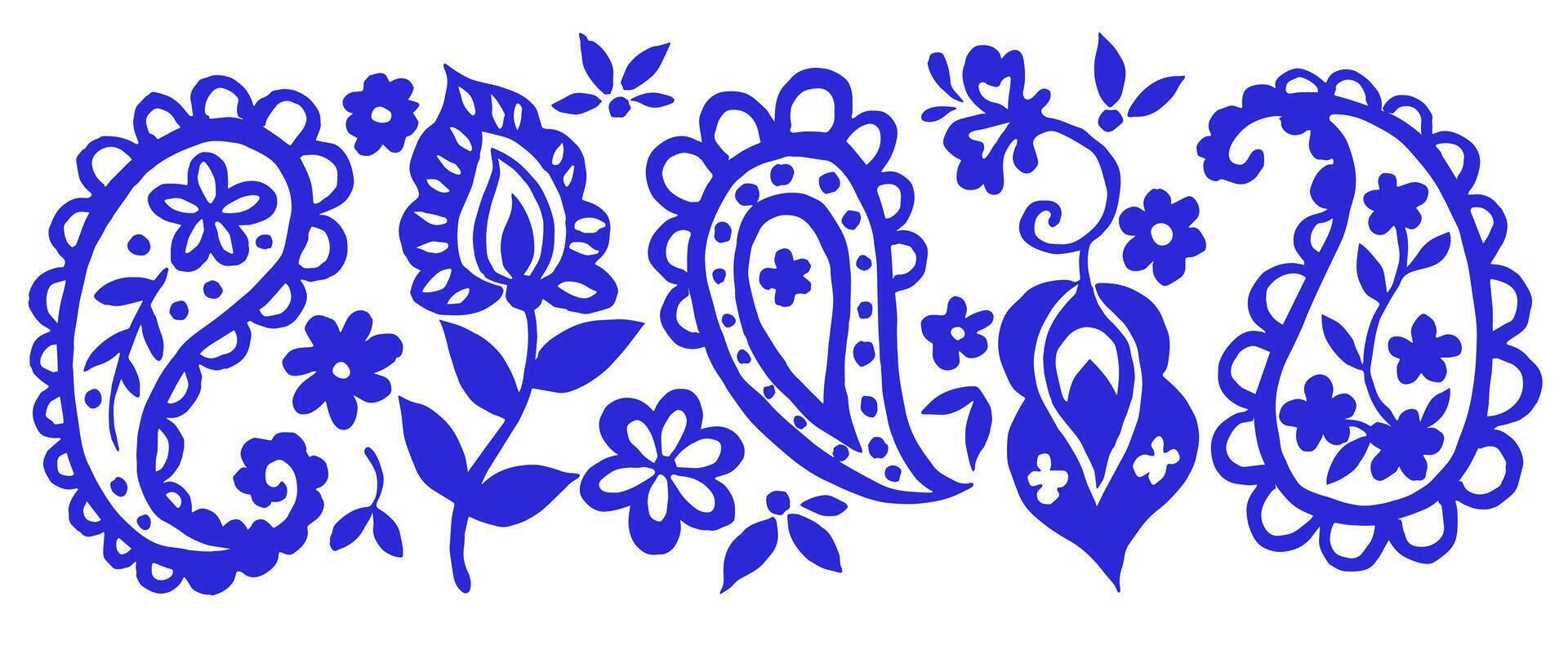 set with oriental paisley ornaments in blue on white background vector