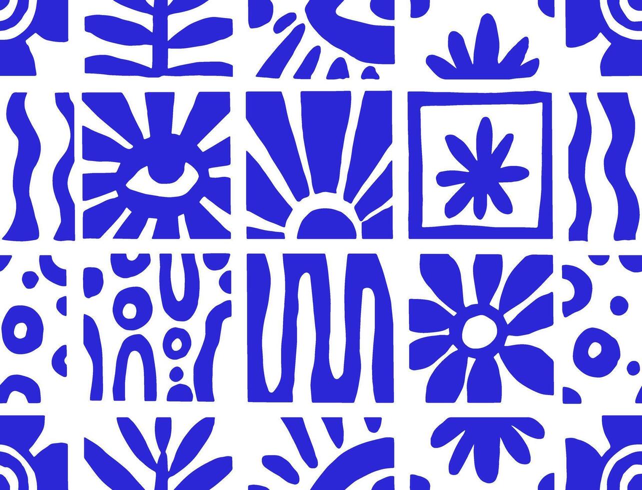 illustration, abstract blue seamless pattern with modern tile ornaments, eyes and flowers. vector