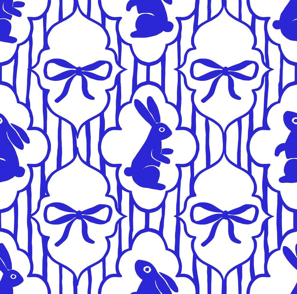 Easter seamless pattern in vintage style with blue bunnies and bows vector