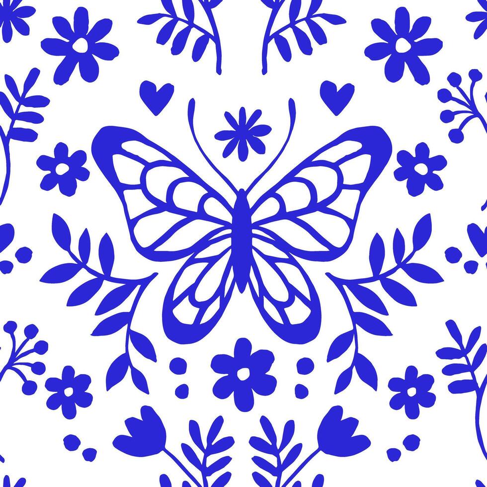 cute seamless pattern with blue flowers and butterflies. simple print vector