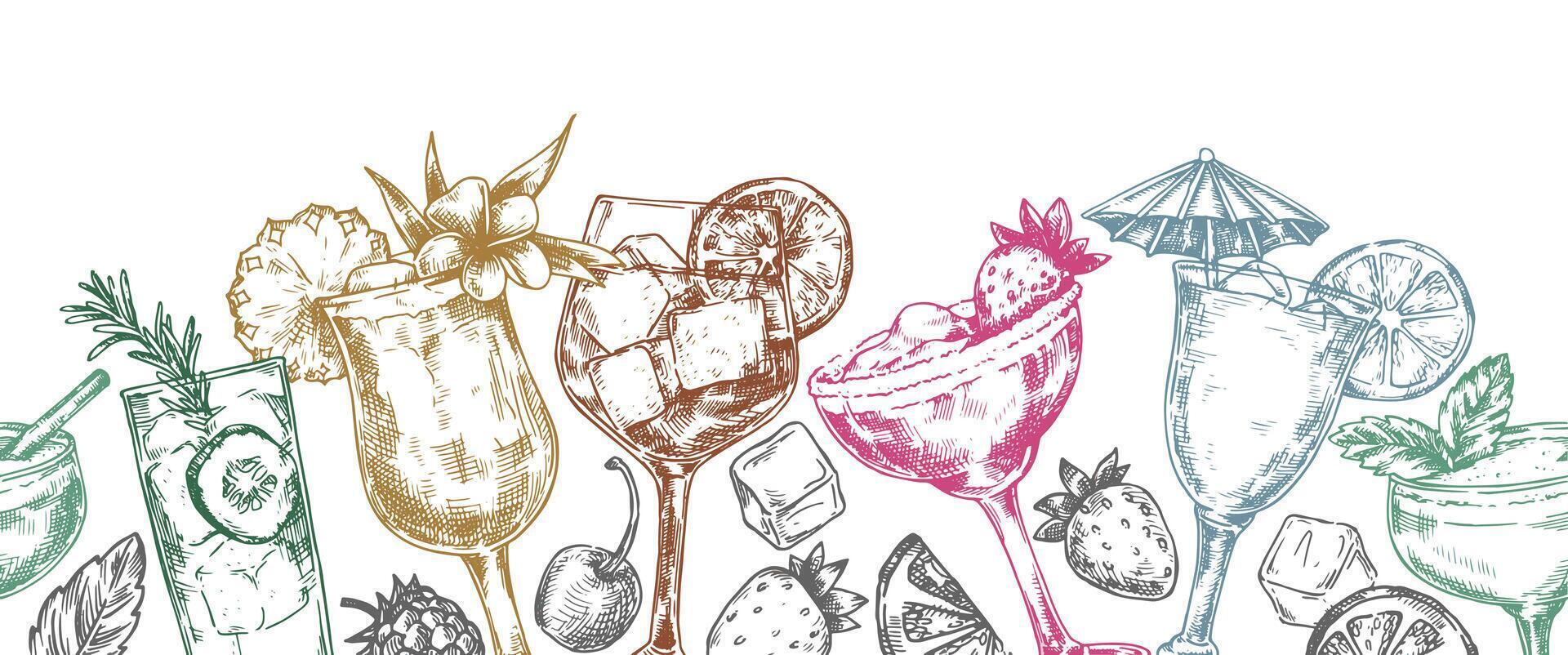 Seamless border of alcoholic cocktails, illustration in sketch style vector