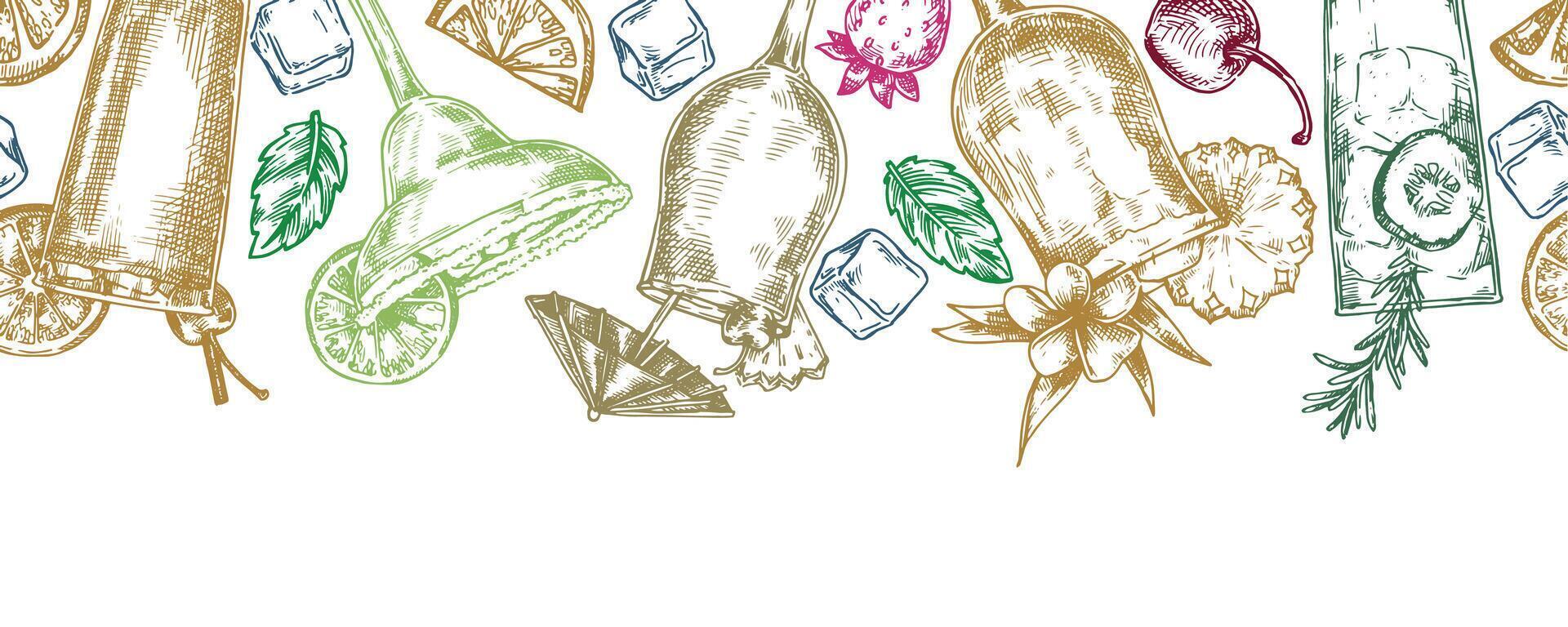Seamless banner of alcoholic cocktails, illustration in sketch style vector