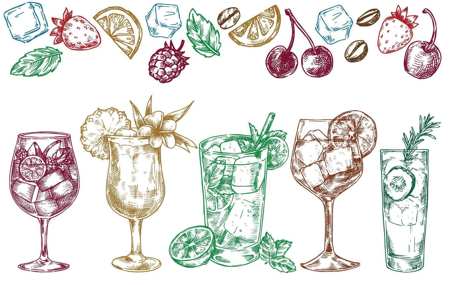 set of alcoholic cocktails, cocktail bar. illustration in sketch style vector