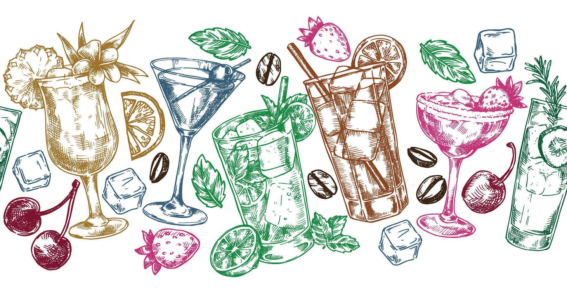 Seamless frame of alcoholic cocktails, illustration in sketch style vector