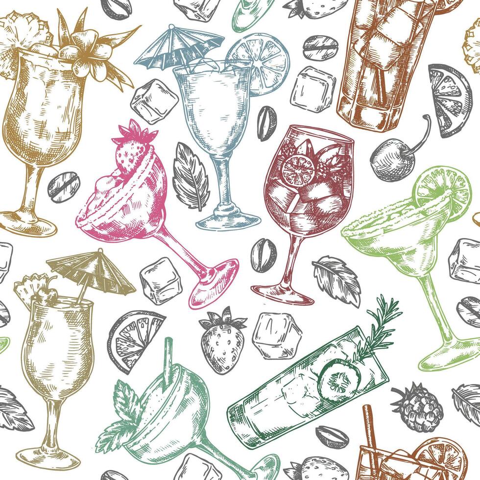 Seamless pattern of summer alcoholic cocktails, illustration in sketch style vector