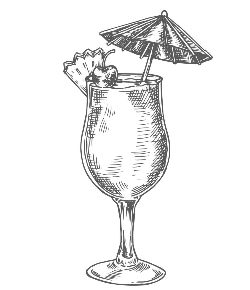 pina colada cocktail, illustration in sketch style. vector