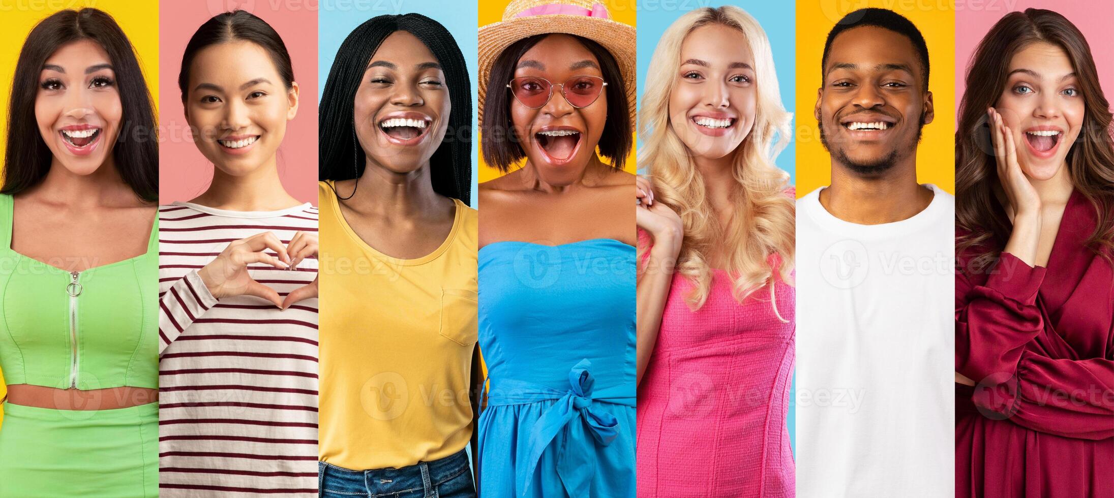 A diverse group of multiracial individuals stand together, smiling widely against a bright, colorful background. They express happiness and fun, showcasing their unique styles and personalities. photo