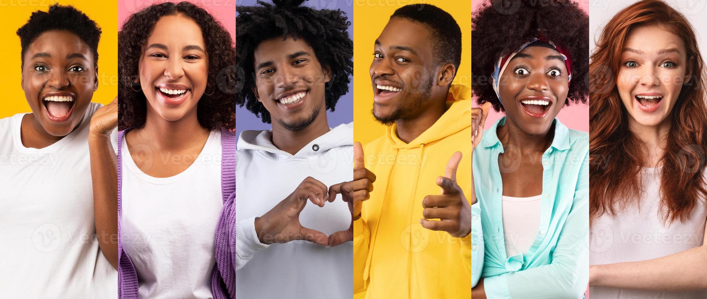 A cheerful, multiracial group of people smiles and engages with playful gestures against bright, vibrant backgrounds. Their joyful expressions reflect a positive and fun lifestyle moment. photo