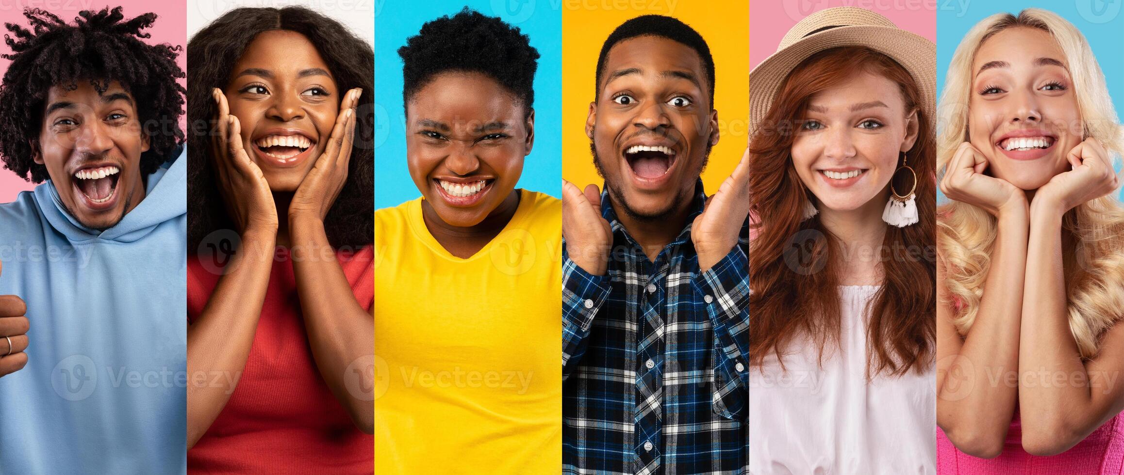 A joyful group of multiethnic friends shares smiles and laughter, celebrating life together against a vibrant, colorful backdrop. Their happiness reflects a lively and positive lifestyle. photo