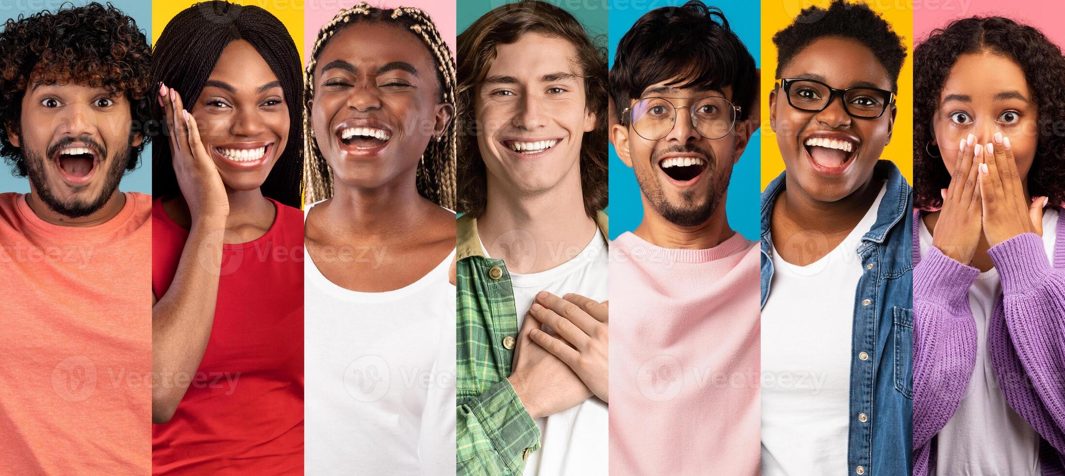 A multiethnic group of young adults displays happiness through smiles and laughter. Each person exudes joy, showcasing the beauty of friendship in a vibrant setting. photo
