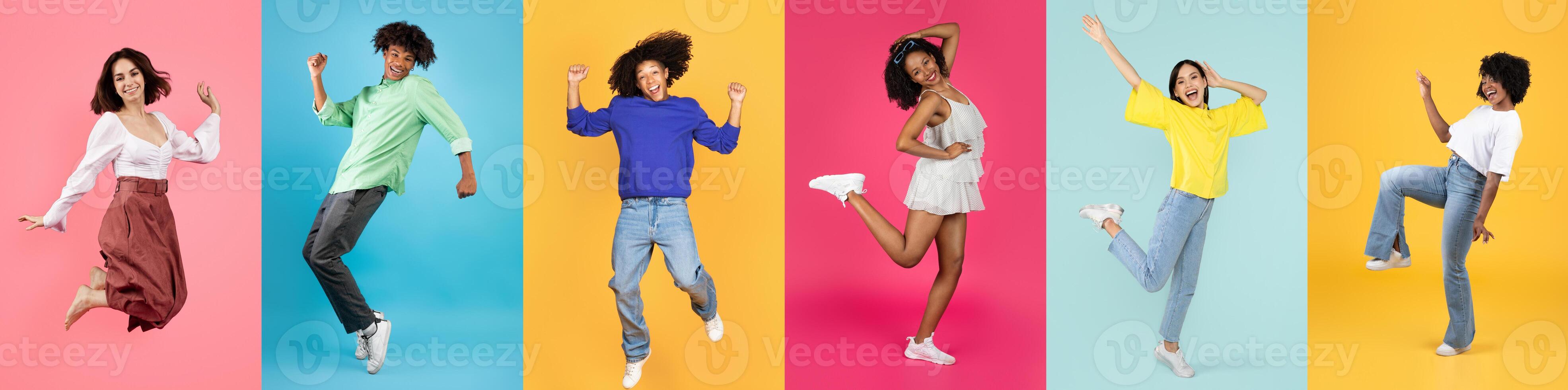 Six joyful people of various backgrounds are captured in lively poses against colorful backgrounds. Each displays happiness through energetic movements, showcasing their diverse lifestyles and unity. photo