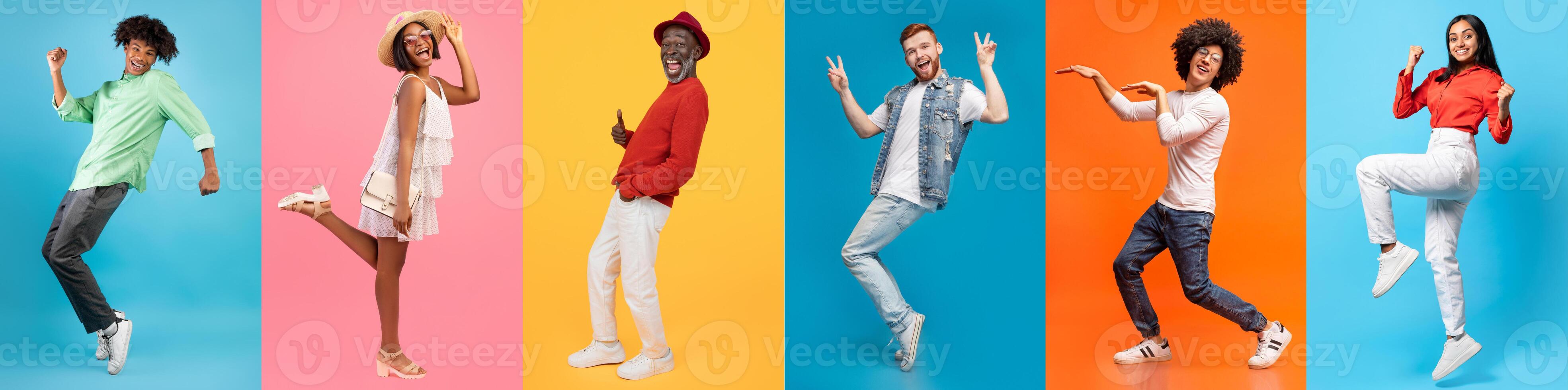 A joyful collage features a diverse group of happy individuals dancing and having fun. Their vibrant outfits and energetic poses reflect a positive lifestyle and carefree spirit. photo