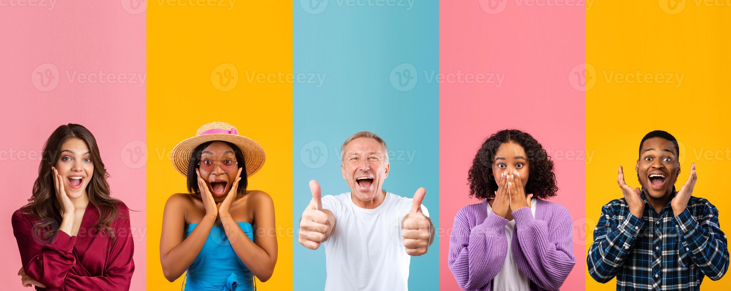 A happy, multiethnic group of individuals displays excitement against a colorful background. They share positive vibes through cheerful expressions and gestures of fun and celebration. photo