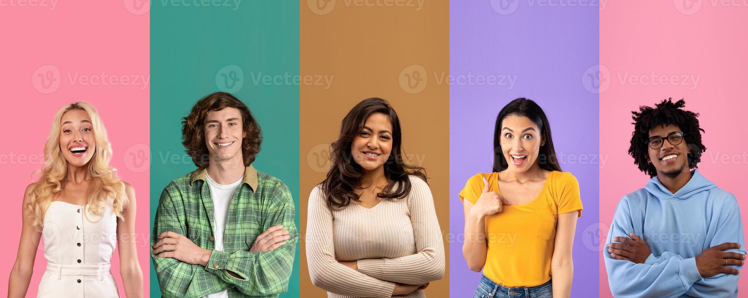 Cheerful individuals of various backgrounds are posing together, showcasing joy and positivity. Their expressions reflect fun and a sense of community against a colorful backdrop. photo