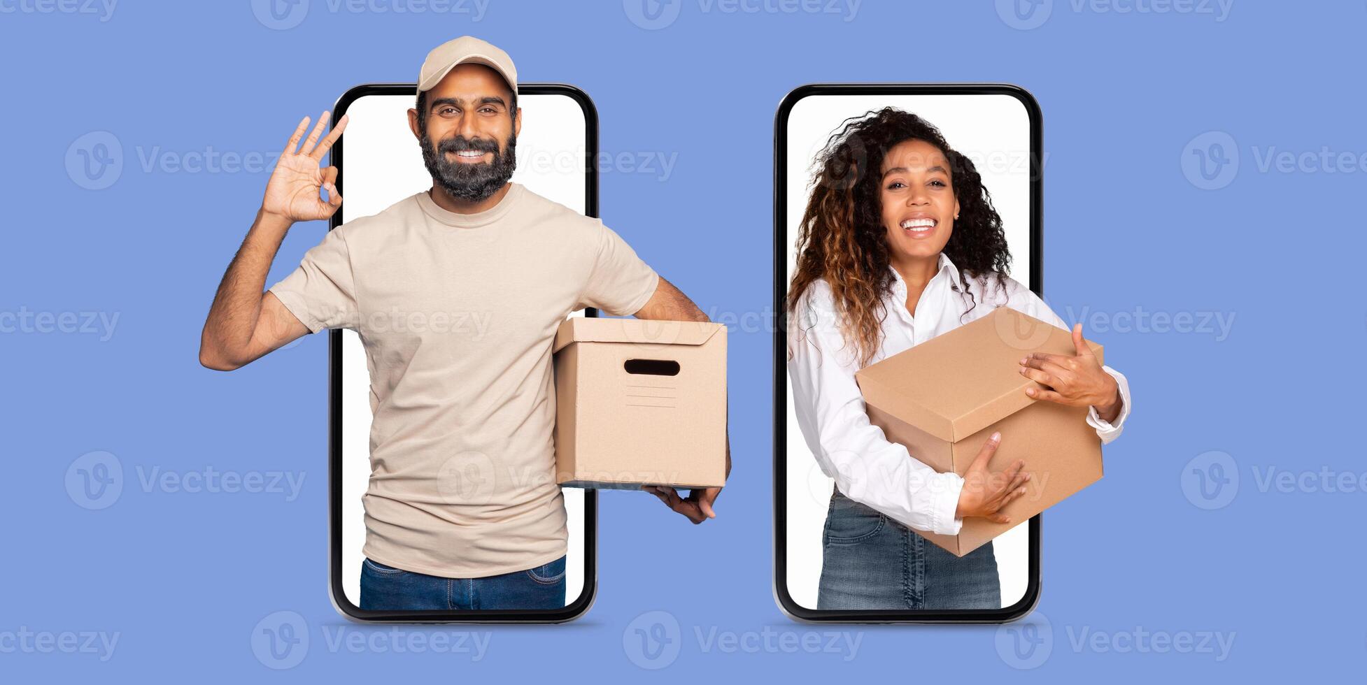 Lady satisfied customer stand with large boxes, showcasing her successful online shopping experience. Delivery man holds a package, highlighting the convenience of digital commerce. photo