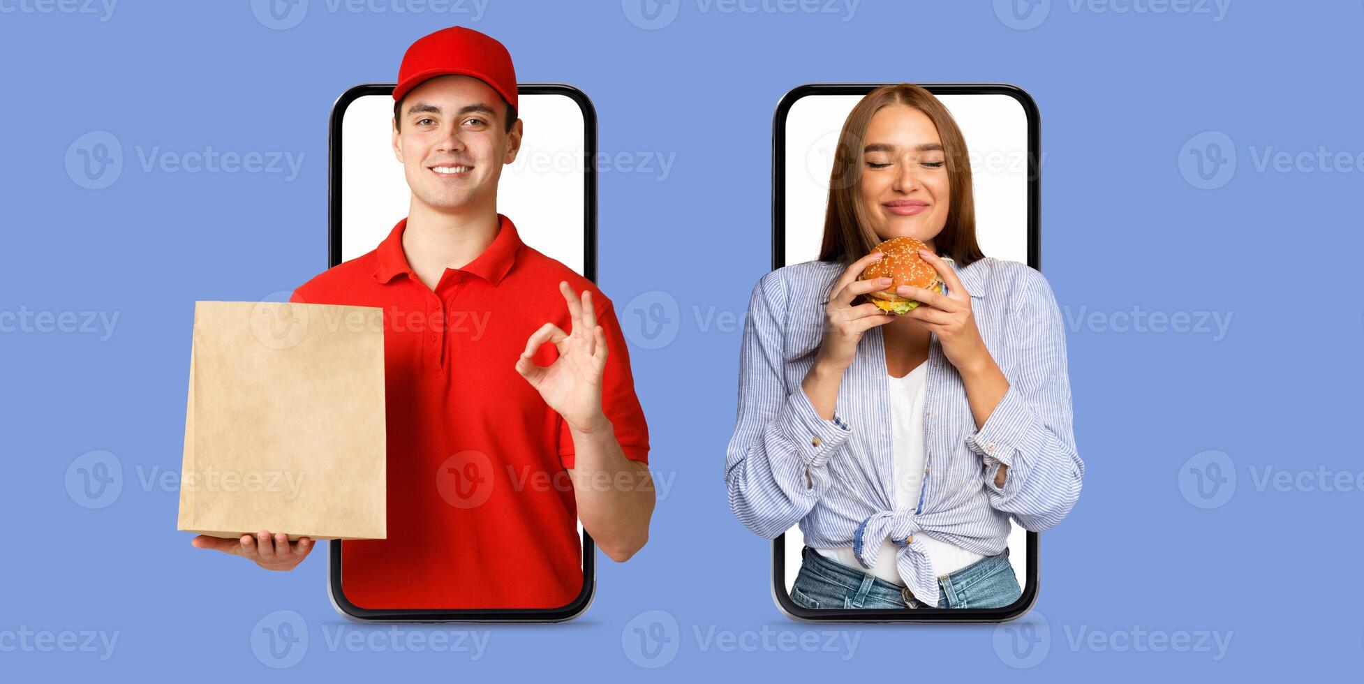 A buyer happily receives food through a delivery service as the delivery person prepares to hand over a takeout bag. They are both featured on large smartphone screens against a blue background. photo