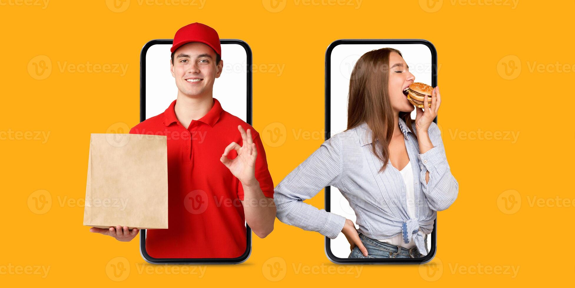 A satisfied customer enjoys food delivery, interacting with a delivery person on their smartphone. The image showcases the convenience of online food shopping amidst a bright background. photo