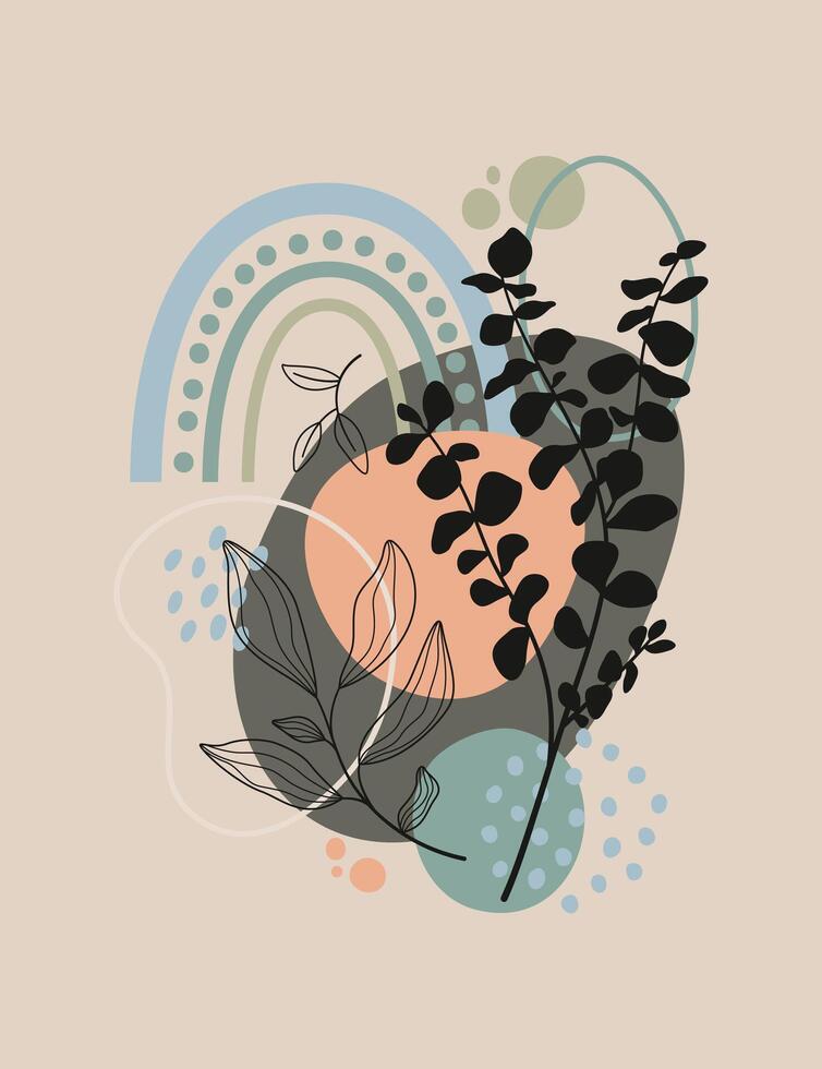 Leaf art drawing with abstract shape. Minimal and natural wall art. vector