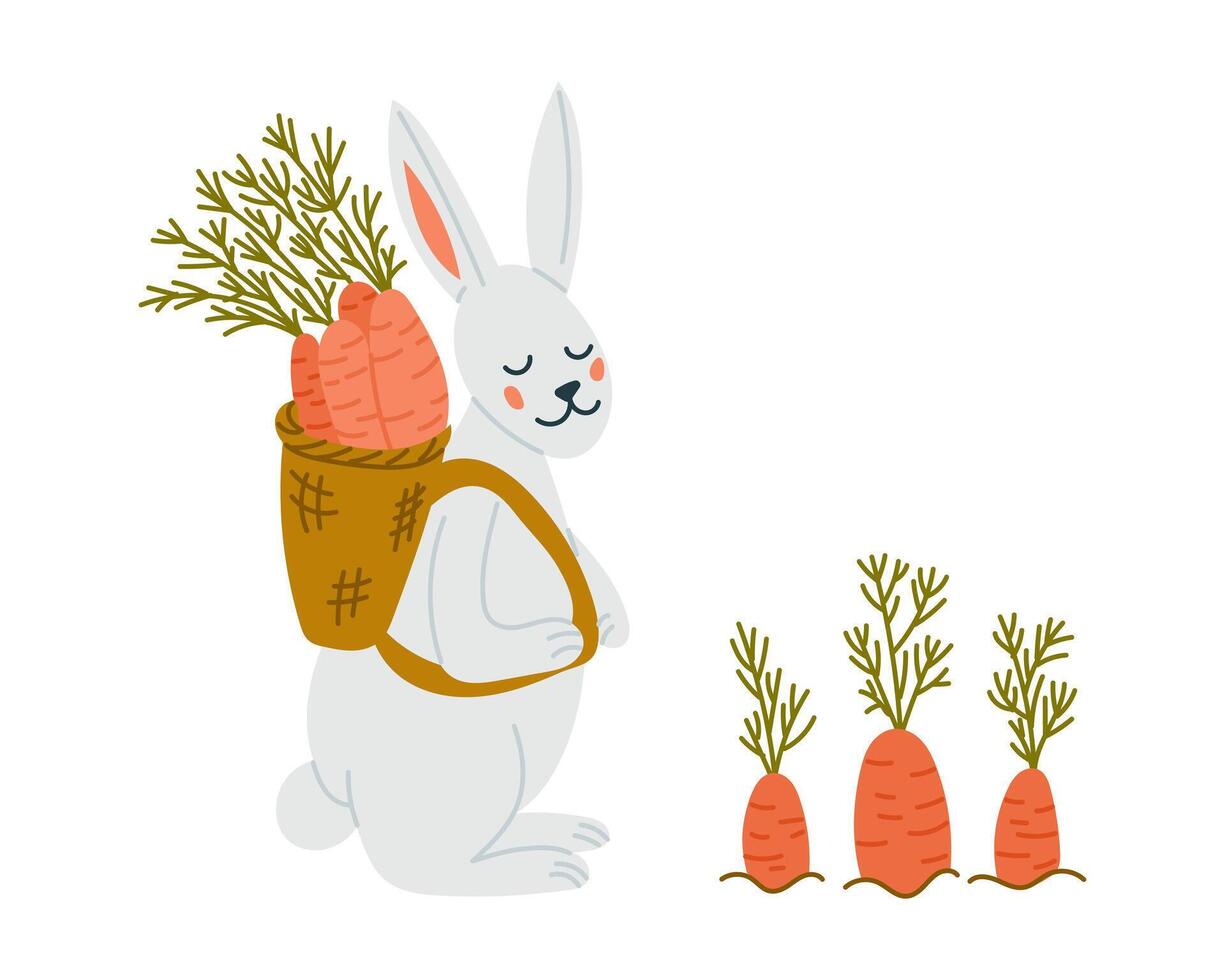 Cute Easter bunny carrying a basket of carrots with fresh harvest in flat cartoon style, perfect for spring, agriculture, and holiday-themed designs. hand drawn illustration on white background vector