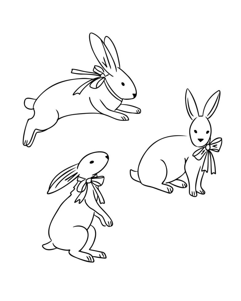 Minimalist black and white illustration of three rabbits with bows, depicted in different poses, perfect for Easter decorations, greeting cards, coloring books. illustration vector