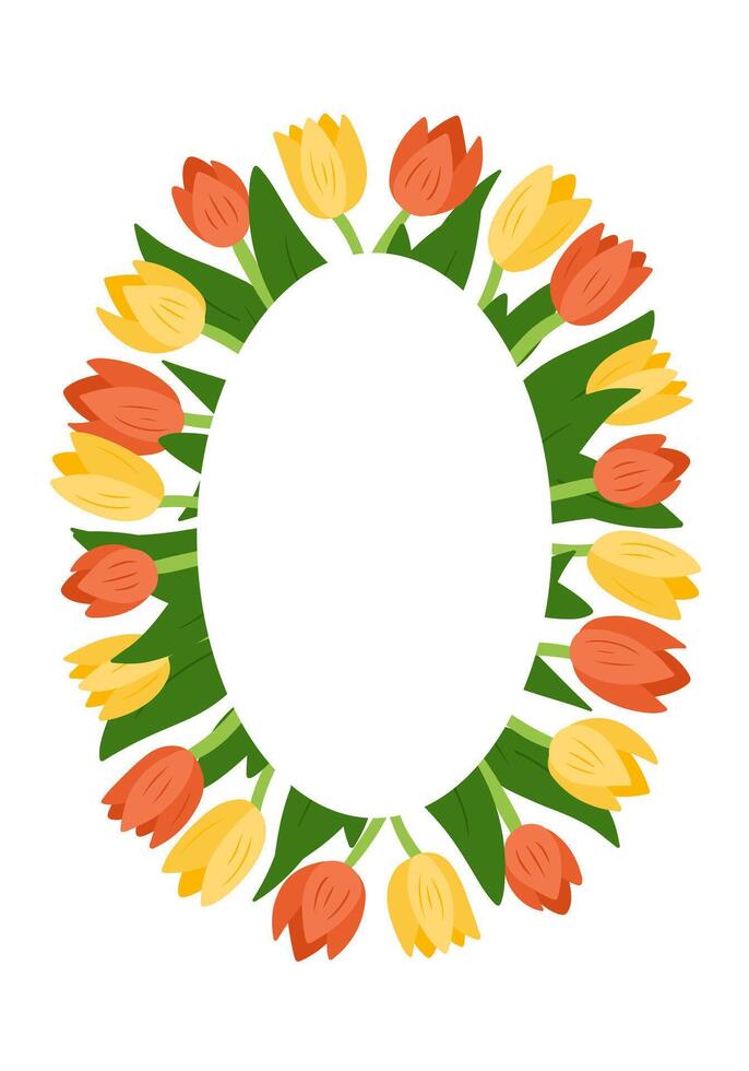 Oval floral frame made of red and yellow tulips with green leaves, creating a decorative spring themed border on a white background. Floral template for greeting, banner or invitation vector