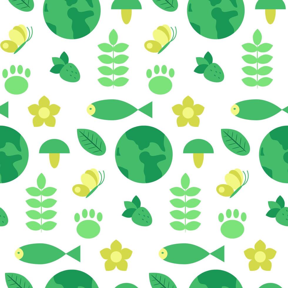 Seamless eco-friendly pattern with Earth, leaves, flowers, fish, butterflies, and paw prints in green and yellow tones, symbolizing and sustainability. illustration on white background vector