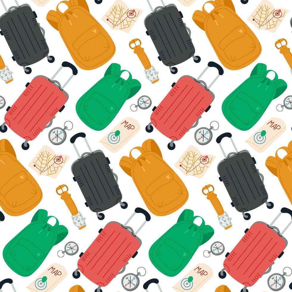 Seamless travel-themed pattern with suitcases, backpacks, maps, compasses, and watches in a colorful, modern design. hand drawn flat illustration on white background vector