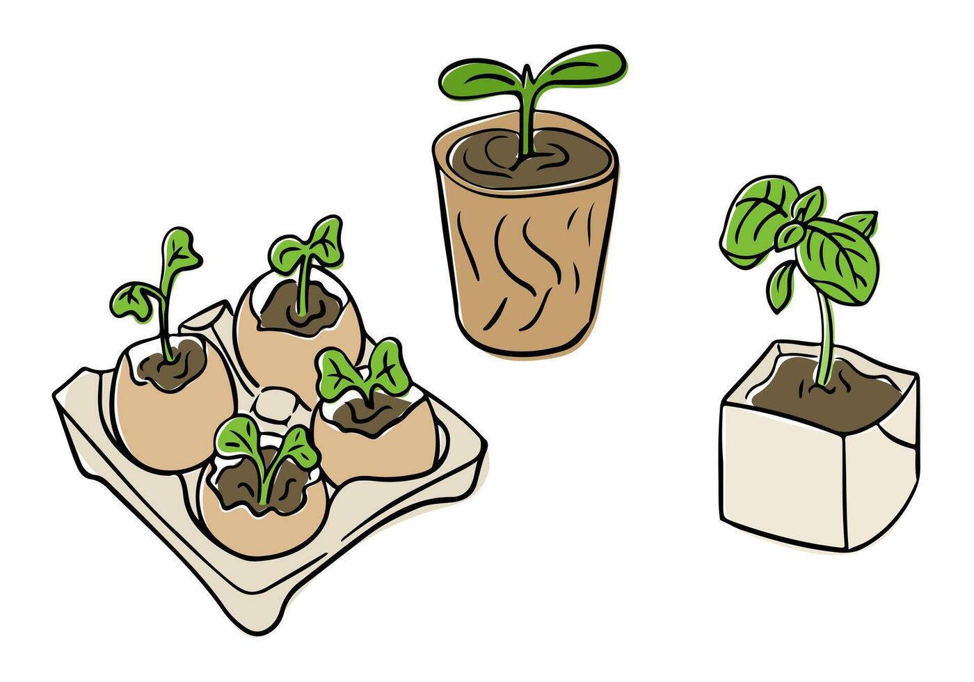 Hand drawn seedlings growing in eco-friendly containers, including eggshells, biodegradable pots, symbolizing organic plant growth. illustration vector