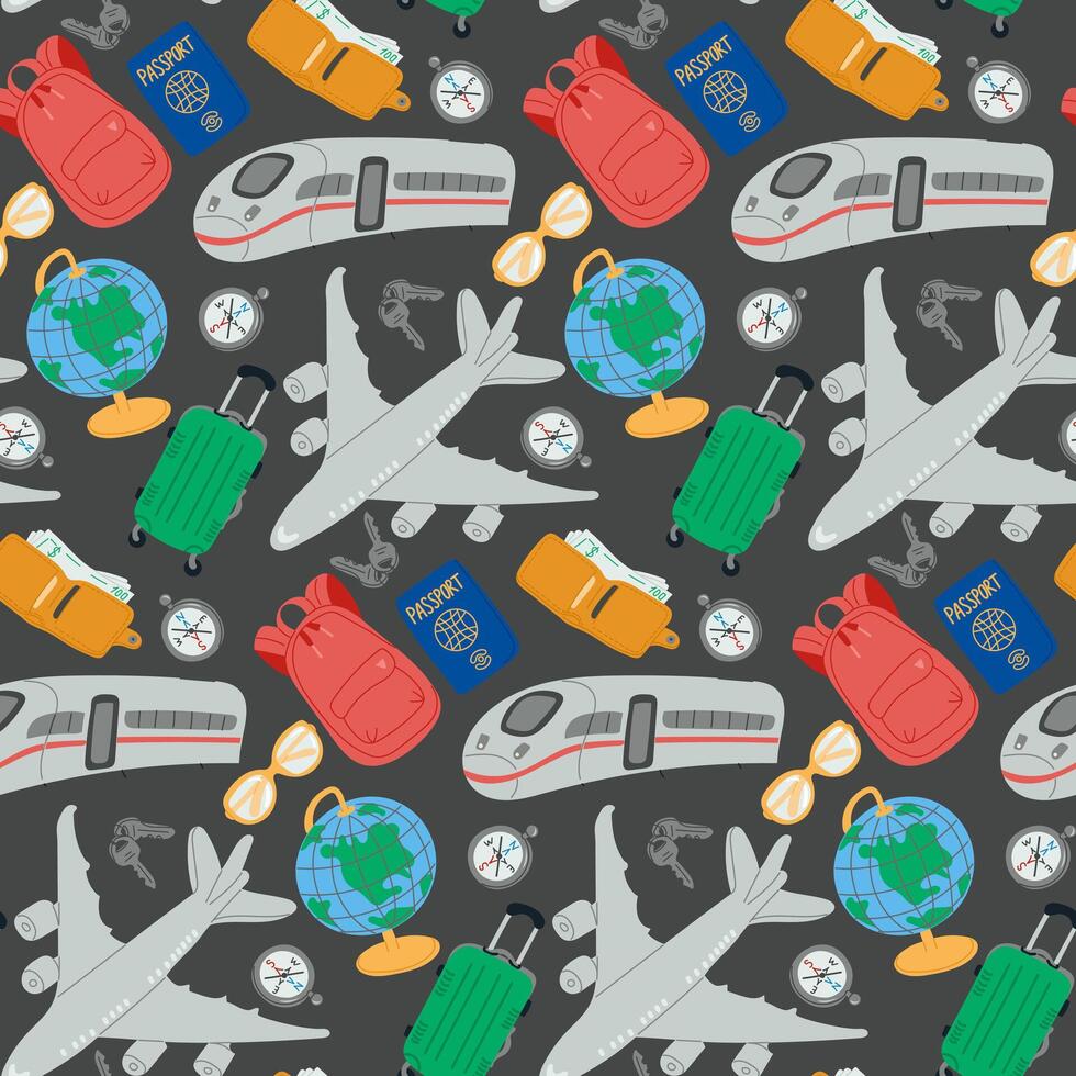 Seamless travel pattern with airplanes, trains, passports, suitcases, backpacks, globes, tickets, and compasses for travel designs and textiles. vector