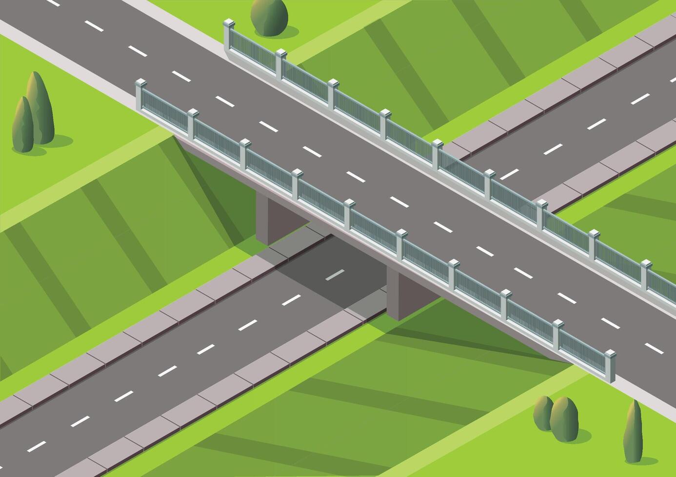 Isometric highway with flyover intersectionand trees vector