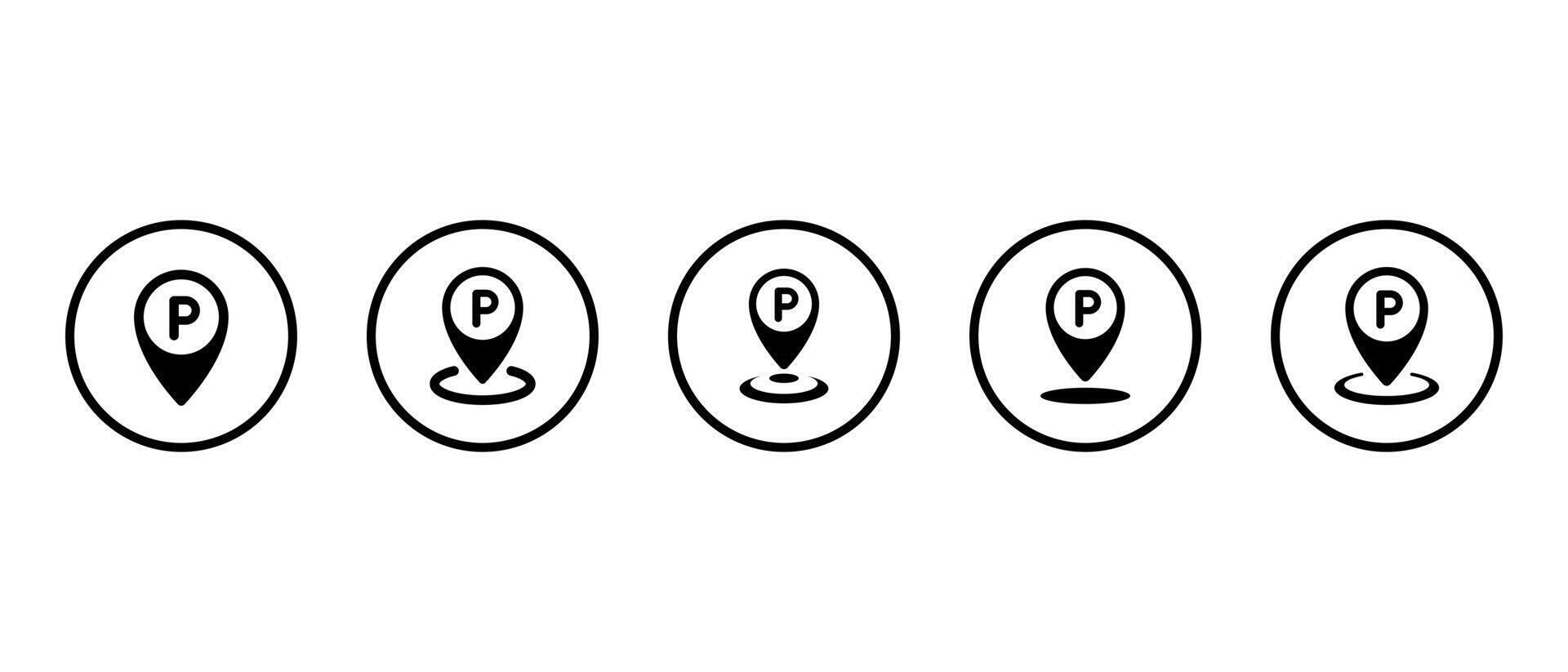 Parking location icon set collection on circle line. Place marker with letter P sign symbol vector