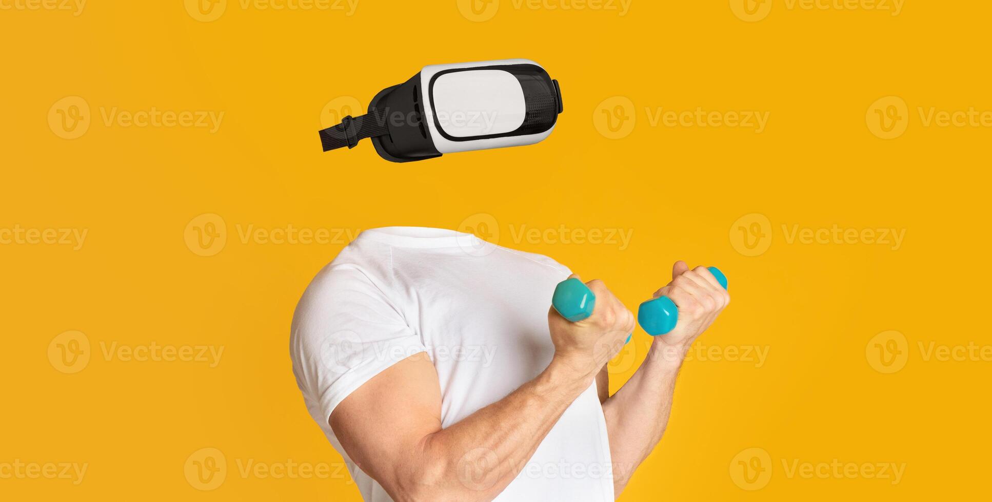 In a vibrant setting, a person engages in a fitness routine while wearing virtual reality goggles. photo