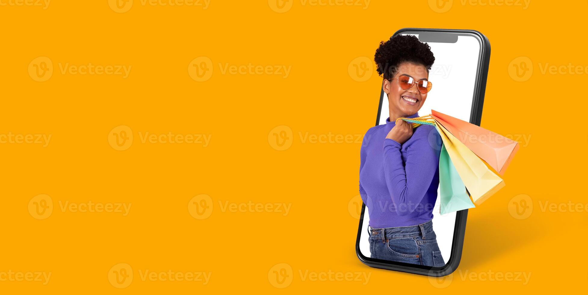 Buyer interacts with a smartphone application for online shopping, showcasing colorful bags. The vibrant background emphasizes convenience and modern retail experience. photo