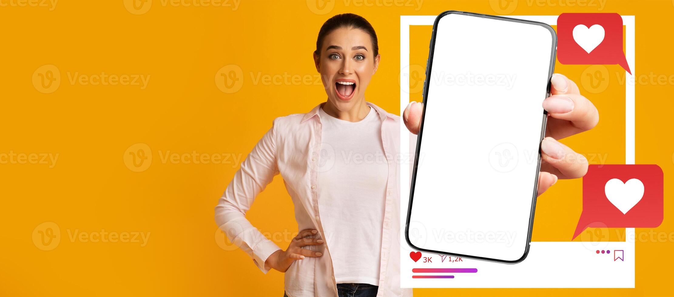 A young influencer enthusiastically displays a smartphone featuring an empty screen, surrounded by social media icons, against a vibrant yellow backdrop. The collage signifies online engagement. photo