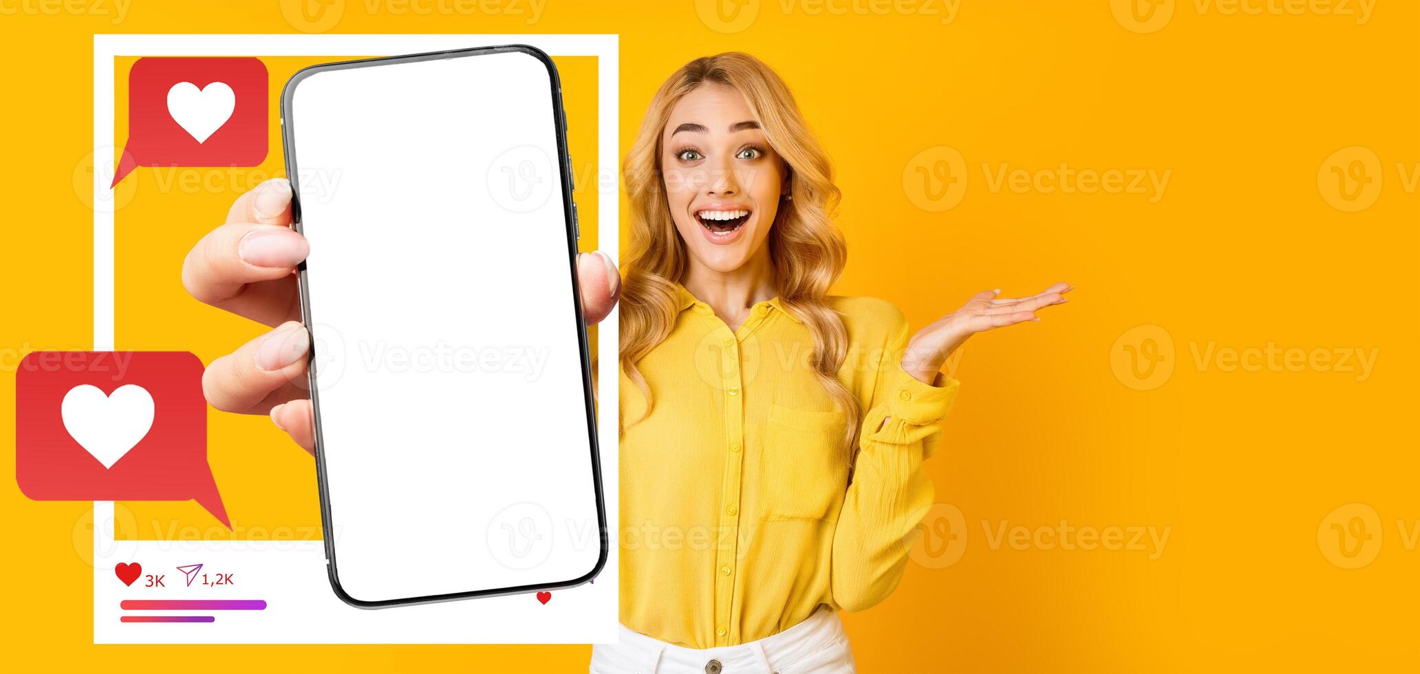 An excited influencer holds a smartphone displaying a blank screen, surrounded by social media icons. She wears a bright yellow shirt, radiating happiness against a vibrant background. photo