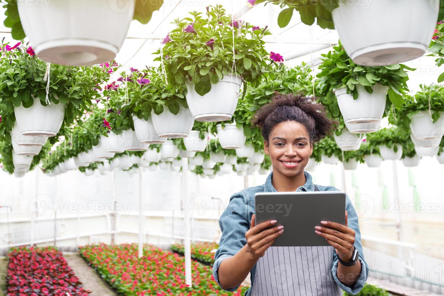 Gardener and work in greenhouse. Smiling african american girl in apron with digital tablet in hands, stands on flowers plantation and potted plants hanging from ceiling, free space photo