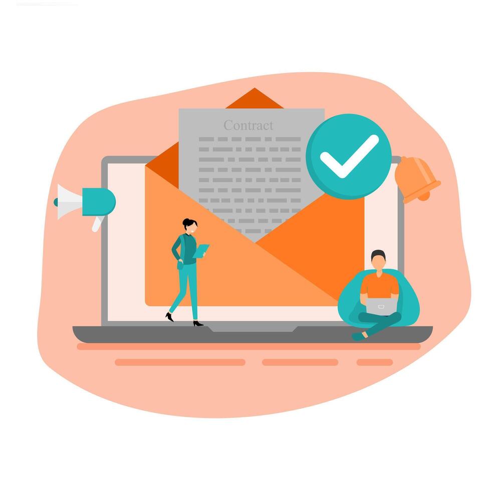 Contract page online, Send message via contact us form, Contact us page on website, Send email containing contract - illustration with icons. vector